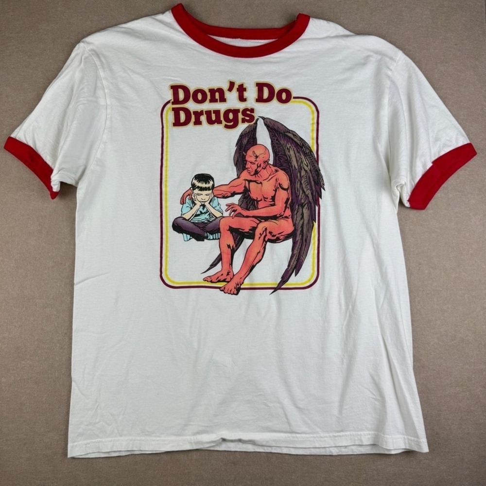Hot Topic Ringer T Shirt Mens XL White Red Don't Do Drugs Devil Graphic Tee